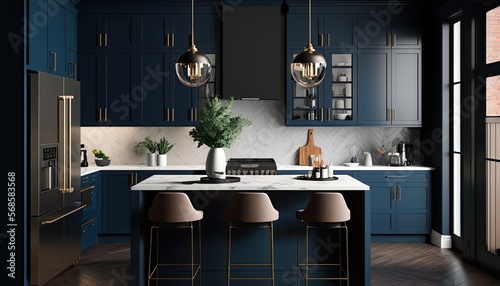 A stylish, modern kitchen with dark cabinetry and a black island with a quartz countertop. The walls are painted in blue and the room is lit by sleek, industrial-style pendant lights. generative ai
