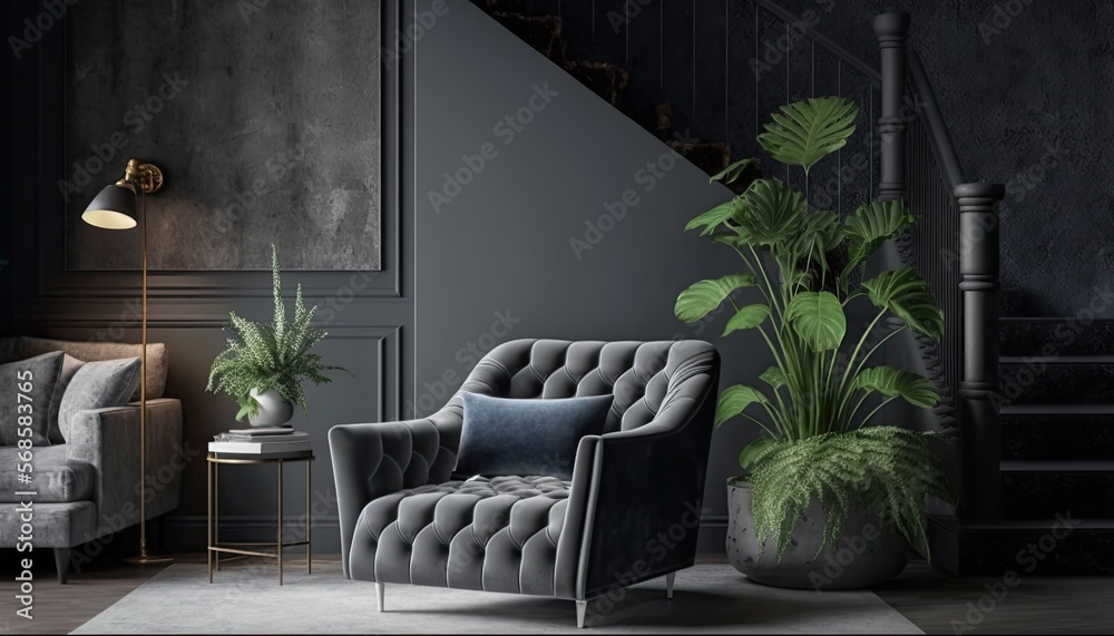 Chic and stylish loft with gray armchair on a dark cement wall. The mood is modern and sophisticated. Style: Realistic 3D. generative ai Chic and stylish loft with gray armchair on a dark cement wall. The mood is modern and sophisticated. Style: Realistic 3D. generative ai