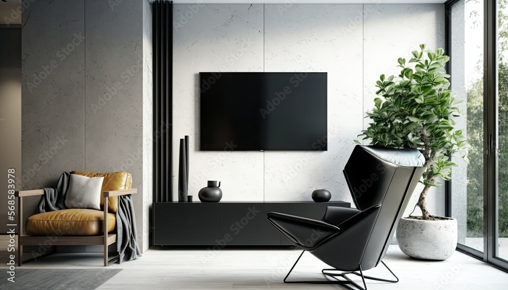 Contemporary living room with black armchair and mounted TV cabinet on a white cement wall. The mood is modern and edgy. generative ai Contemporary living room with black armchair and mounted TV cabinet on a white cement wall. The mood is modern and edgy. generative ai