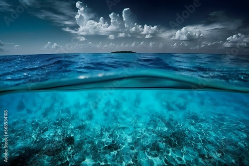 Beautifull view of a crystal clear blue ocean water, horizon background