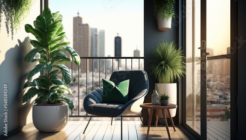 Modern apartment balcony with a view of the city skyline  featuring a comfortable lounge chair  potted plants and a small table. Relaxing and urban ambiance. generative ai