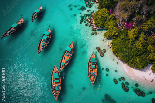 Beautiful summer scenery. Aerial view of a group of fishing longtail boats in the clear Andaman Sea off the coast of Satun, southern Thailand. taken with a drone. Generative AI