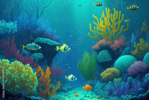 Beautiful underwater panorama of coral reefs and tropical fish. Generative AI