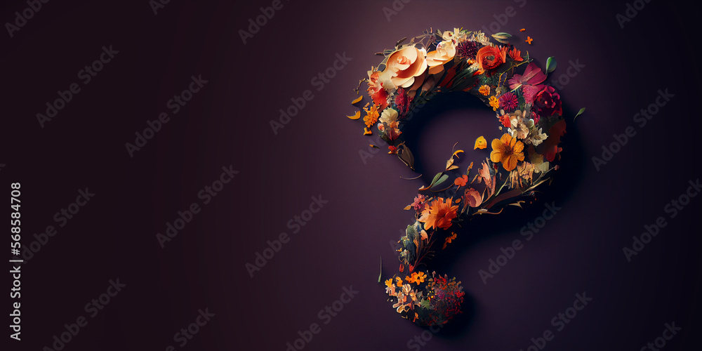 Isolated question mark made with flowers, business and human choices concepts. Made with Generative AI.