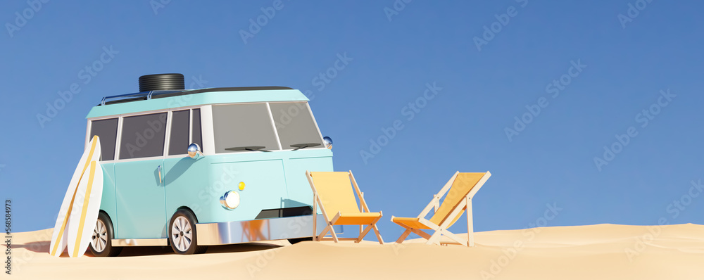 Retro van parked on sandy beach. 3d render - obrazy, fototapety, plakaty 