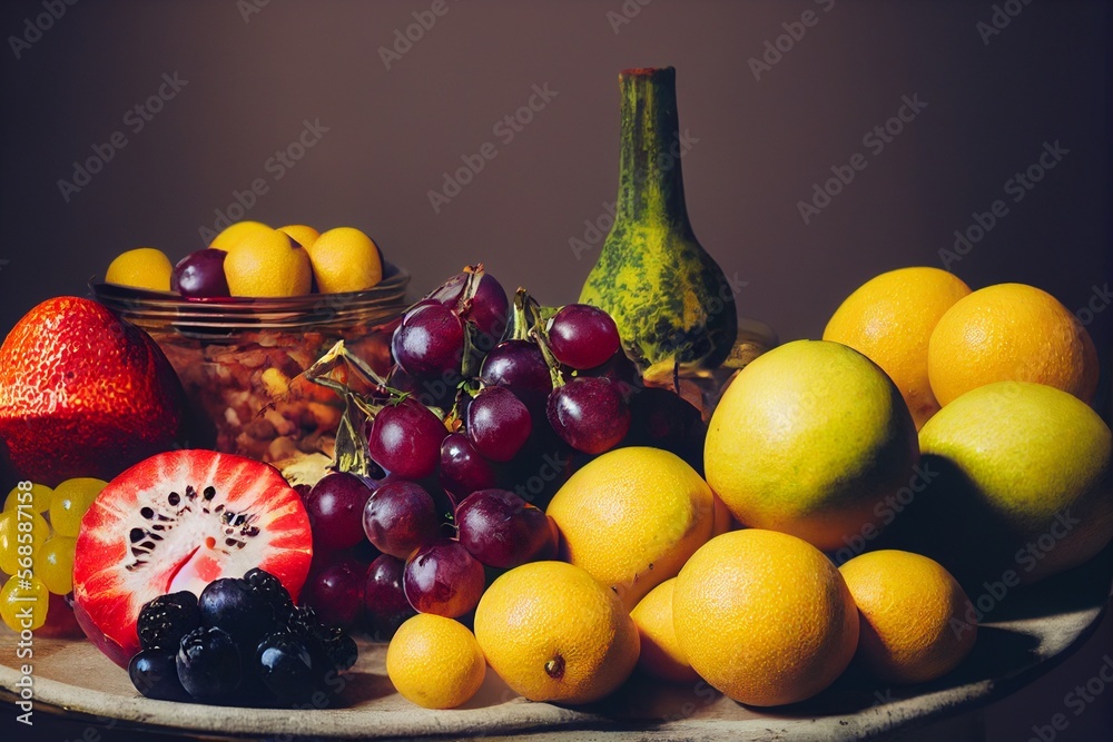 Vertical shot of delicious freshly harvested fruit, vegetable basket Generative AI Vertical shot of delicious freshly harvested fruit, vegetable basket Generative AI