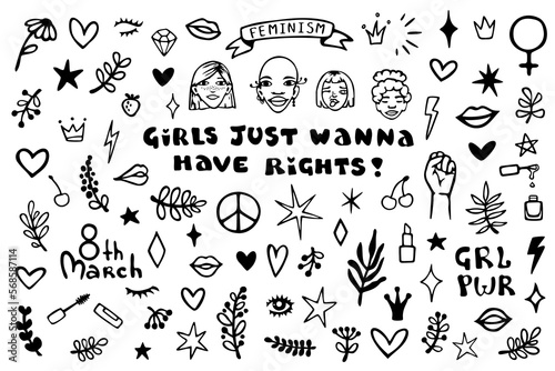 International Women's Day. Vector set of hand drawn elements: raised fist, slogans, symbols, lips, hearts, branches, stars.