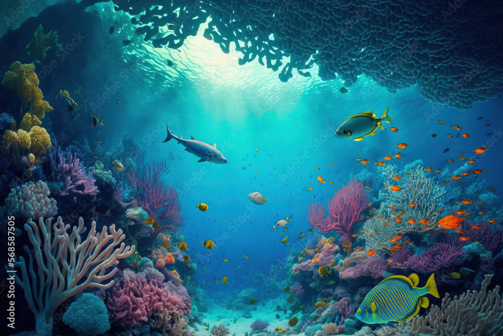 Naklejka premium snorkeling excursion, underwater coral reef, coral lagoon, and underwater scenery. Generative AI