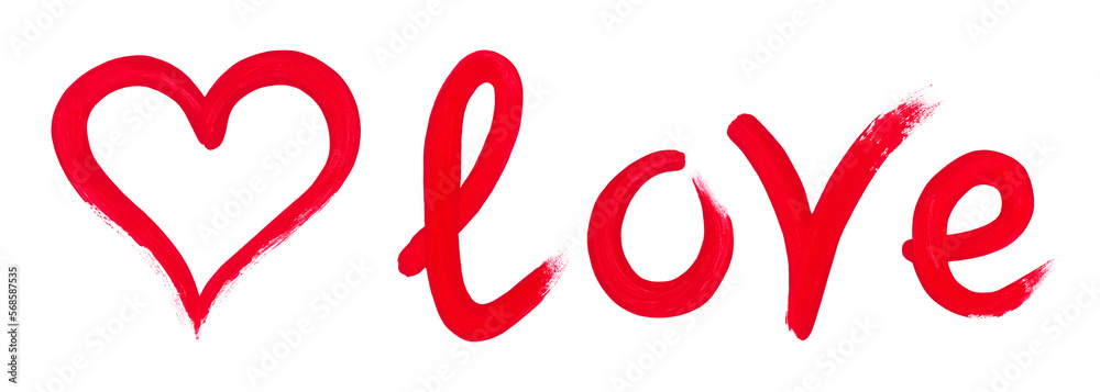 Hand drawn red heart and handwritten red word love, lowercase letters. Calligraphic brush painted love sign and text isolated on white background. Valentine's Day design element for greeting card.