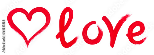 Obraz na płótnie Hand drawn red heart and handwritten red word love, lowercase letters. Calligraphic brush painted love sign and text isolated on white background. Valentine's Day design element for greeting card. w salonie