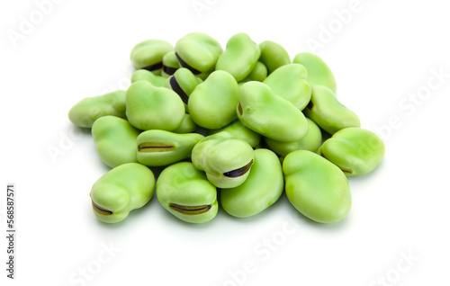 A heap of fresh harvested Vicia faba, also known as broad bean, fava bean, or faba bean isolated on white
