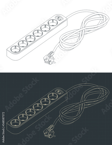 Extension cord with 6 sockets isometric blueprints
