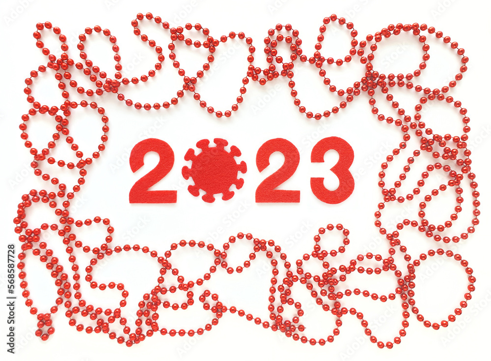 Red felt new year numbers 2023 on white background. Zero in form of coronavirus. Red beads around like frame. Flat lay for Valentine's Day or New Year.