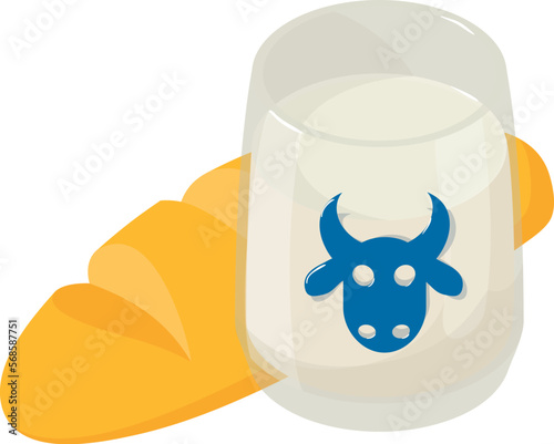 Breakfast product icon isometric vector. Fresh white bread loaf and glass milk. Food concept, healthy nutrition