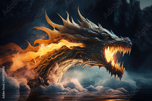 Ochre giant dragon breathing fires crashing through a glacier. Mythological Creature. Norse myth and legend. God of War.