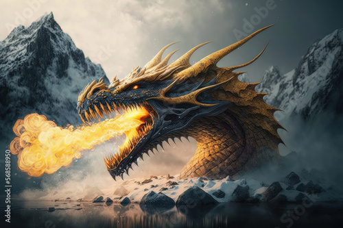 Ochre giant dragon breathing fires crashing through a glacier. Mythological Creature. Norse myth and legend. God of War.