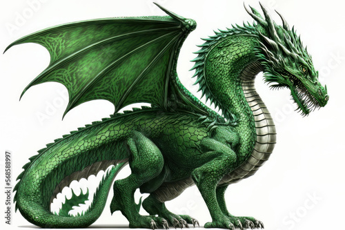 Green dragon breathing fire on a black background isolated on a white background. Mythological creature. Full body. © Mike Schiano