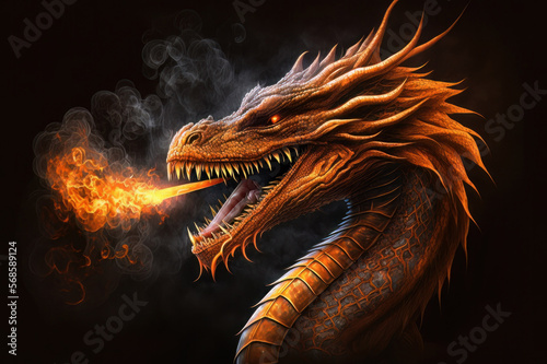 Orange dragon breathing fire dark background. Mythological creature.