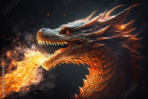 Orange dragon breathing fire dark background. Mythological creature. © Mike Schiano