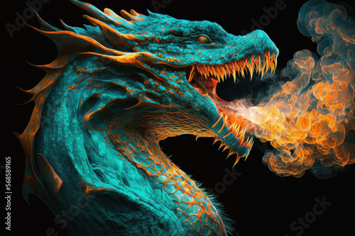 Teal & Orange Dragon breathing fire on a dark background. Mythological creature © Mike Schiano
