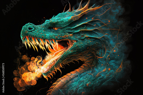 Teal & Orange Dragon breathing fire on a dark background. Mythological creature © Mike Schiano