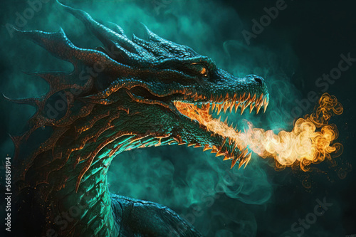 Teal & Orange Dragon breathing fire on a dark background. Mythological creature