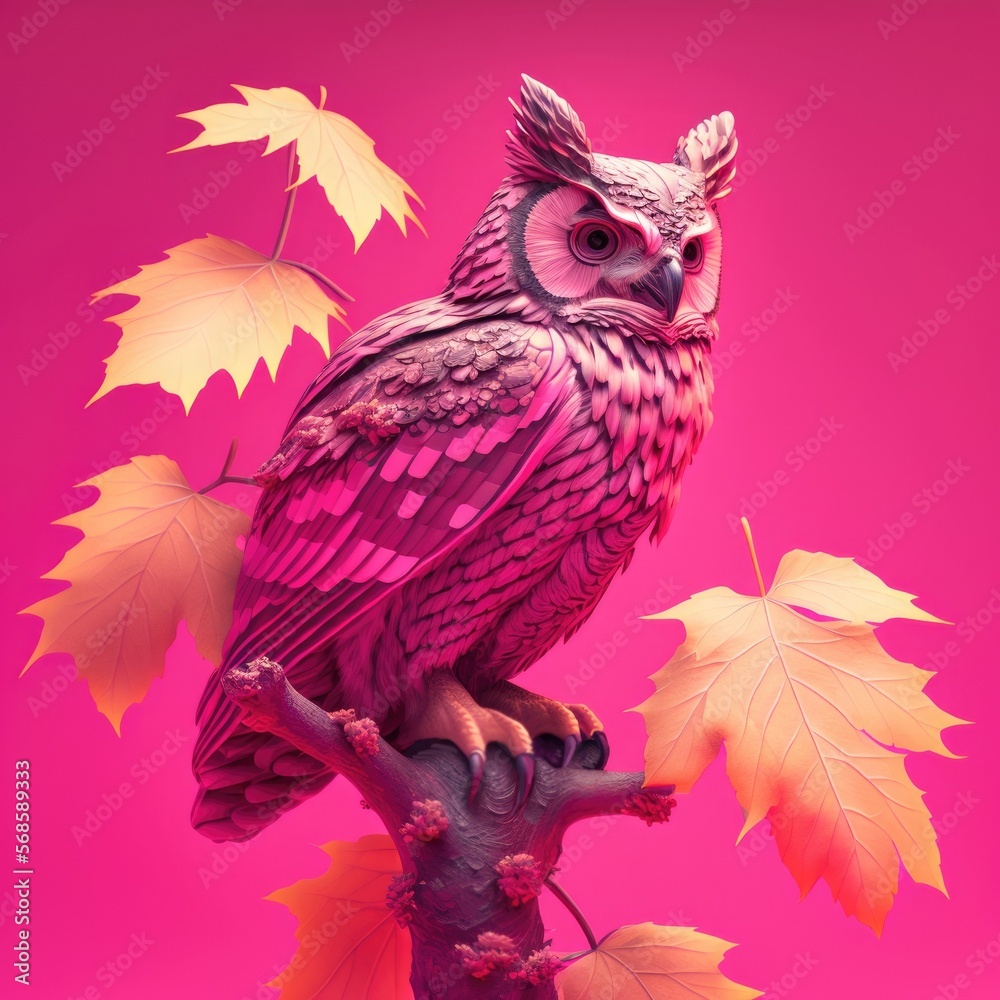 Obraz premium Psychedelic Owl Bird Sitting on Maple Tree on Pink Background, AI Generative