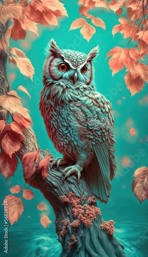 Owl Bird Sitting on Maple Tree on Mint Green Background, AI Generative