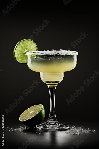 Margarita cocktaill with slice of lime and salt on black background, AI generative