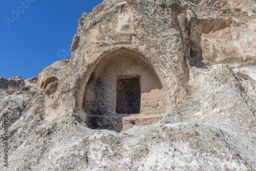 Phrygian Valley (Frig Vadisi). Ancient caves, stone houses and rock tombs in Ayazini. Thousands of years old rock tombs. Ayazini cave church and National Park in Afyon, Turkey.