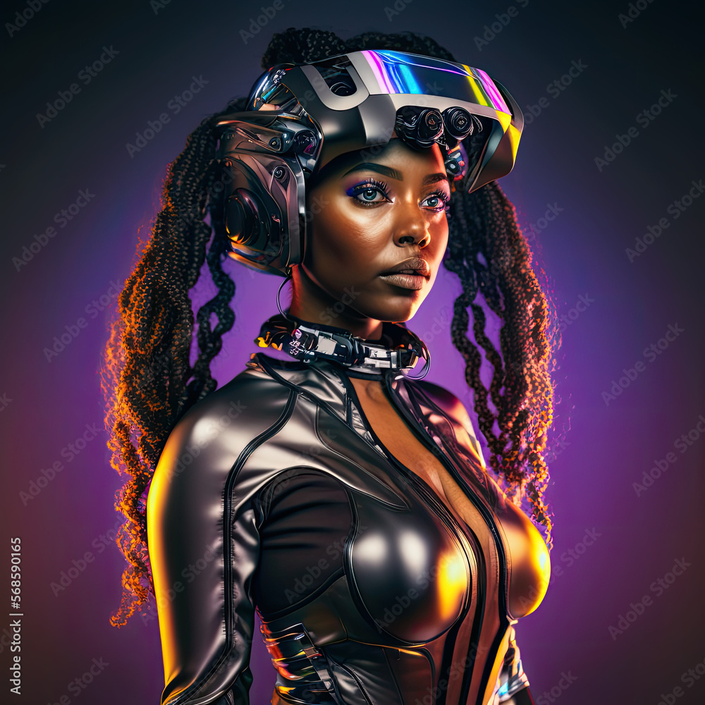 Beautiful African American Woman Wearing VR Helmet, generative ai Beautiful African American Woman Wearing VR Helmet, generative ai