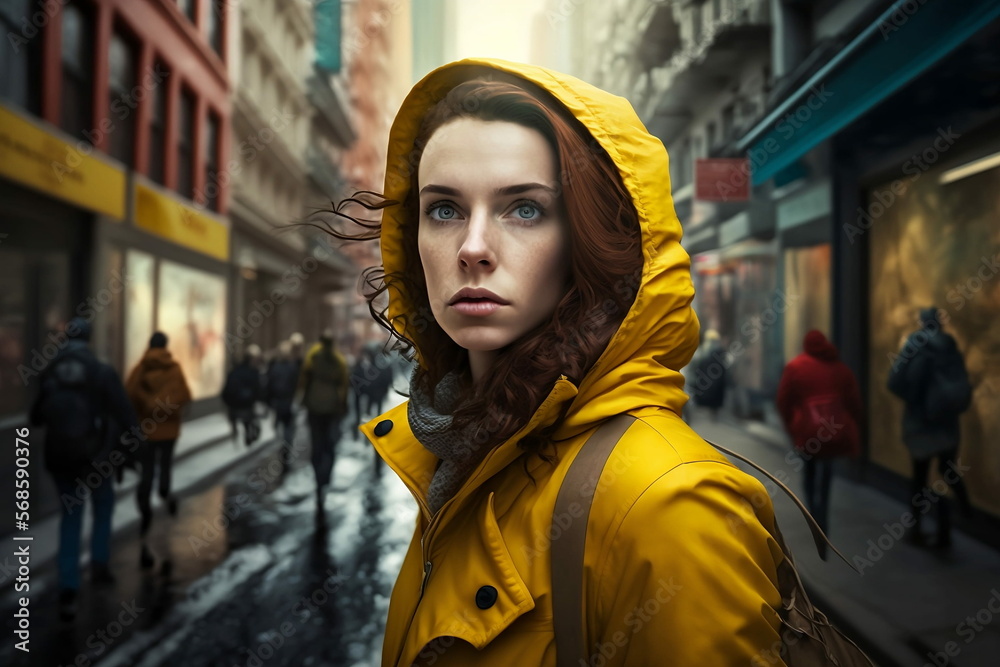 Woman in Busy Street. Generative AI