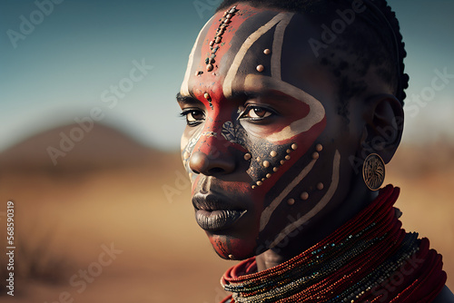 Maasai Mara Man Painted Traditional Portrait, Generative AI