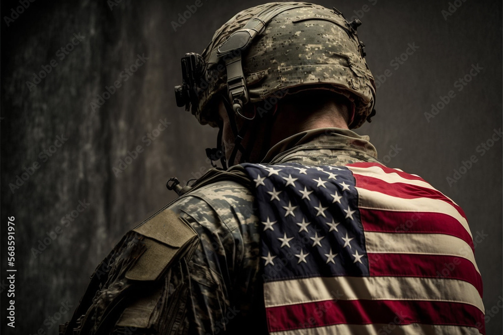 Vertical shot of brave American soldier with American flag on his back Generative AI Vertical shot of brave American soldier with American flag on his back Generative AI