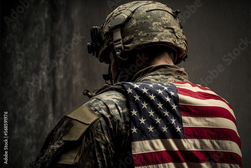 Vertical shot of brave American soldier with American flag on his back Generative AI