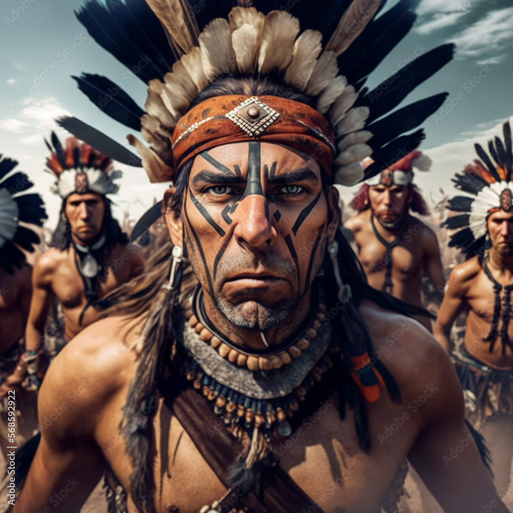 Native American chief takes selfie at war, native American warrior takes photo with friends Generative AI