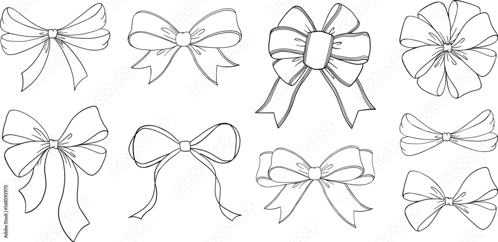 Set of sketched bow and ribbon. Hand drawn vintage line art vector illustration. - obrazy, fototapety, plakaty 