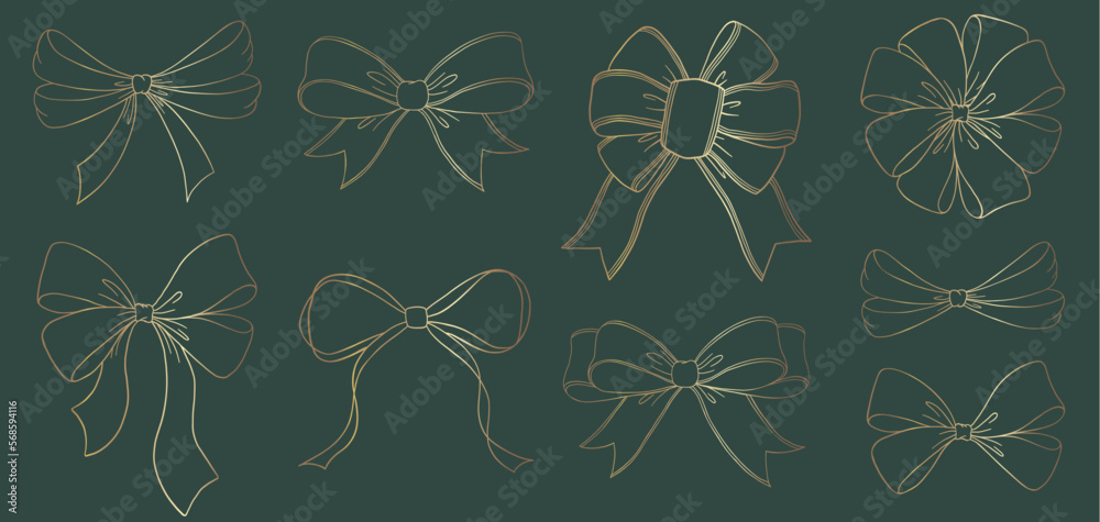 Set of sketched bow and ribbon. Hand drawn vintage line art vector ...