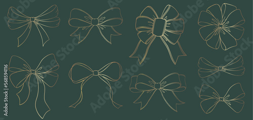 Set of sketched bow and ribbon. Hand drawn vintage line art vector illustration. Gold color.