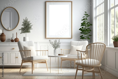 Mockup frame in Scandinavian living room interior background, wall mockup, 3d render Generative AI