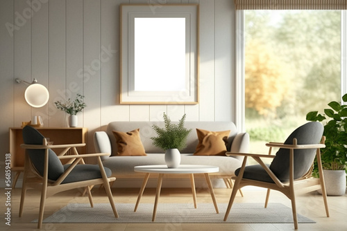 Mockup frame in Scandinavian living room interior background, wall mockup, 3d render Generative AI © ROYALE