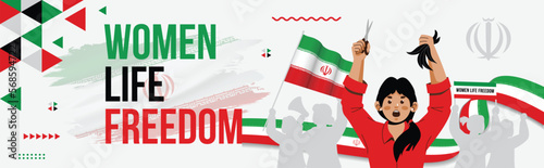 Iranian women protest banner. Iranian women fighting for their rights Slogan "Women, Life, Freedom" Iran National flag. Women empowerment, equal rights. Hair cut campaign for awareness. Hijab, Burqa
