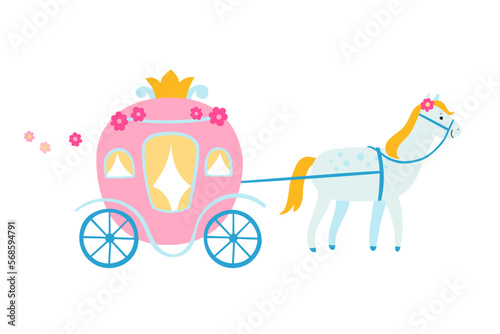 Vector illustration of fairytale carriage with horse isolated on white. Chariot of princess in flat style.