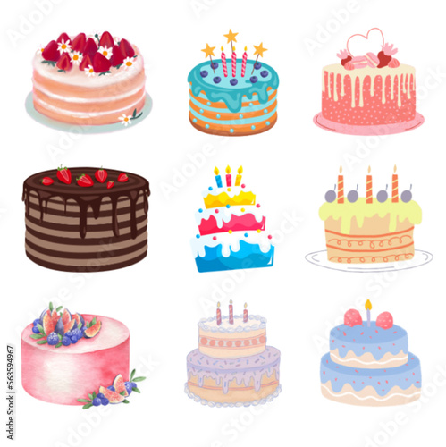 Foto Vector illustration of a set of different birthday cakes