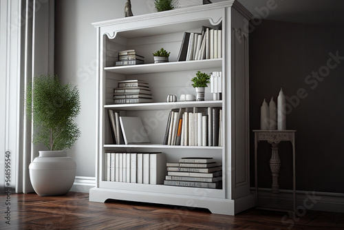 White wooden bookcase filled with books in a UK home setting Generative AI photo