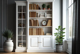 Blurred image of white wooden bookcase filled with books in a UK home setting 