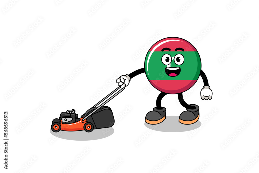 maldives flag illustration cartoon holding lawn mower
