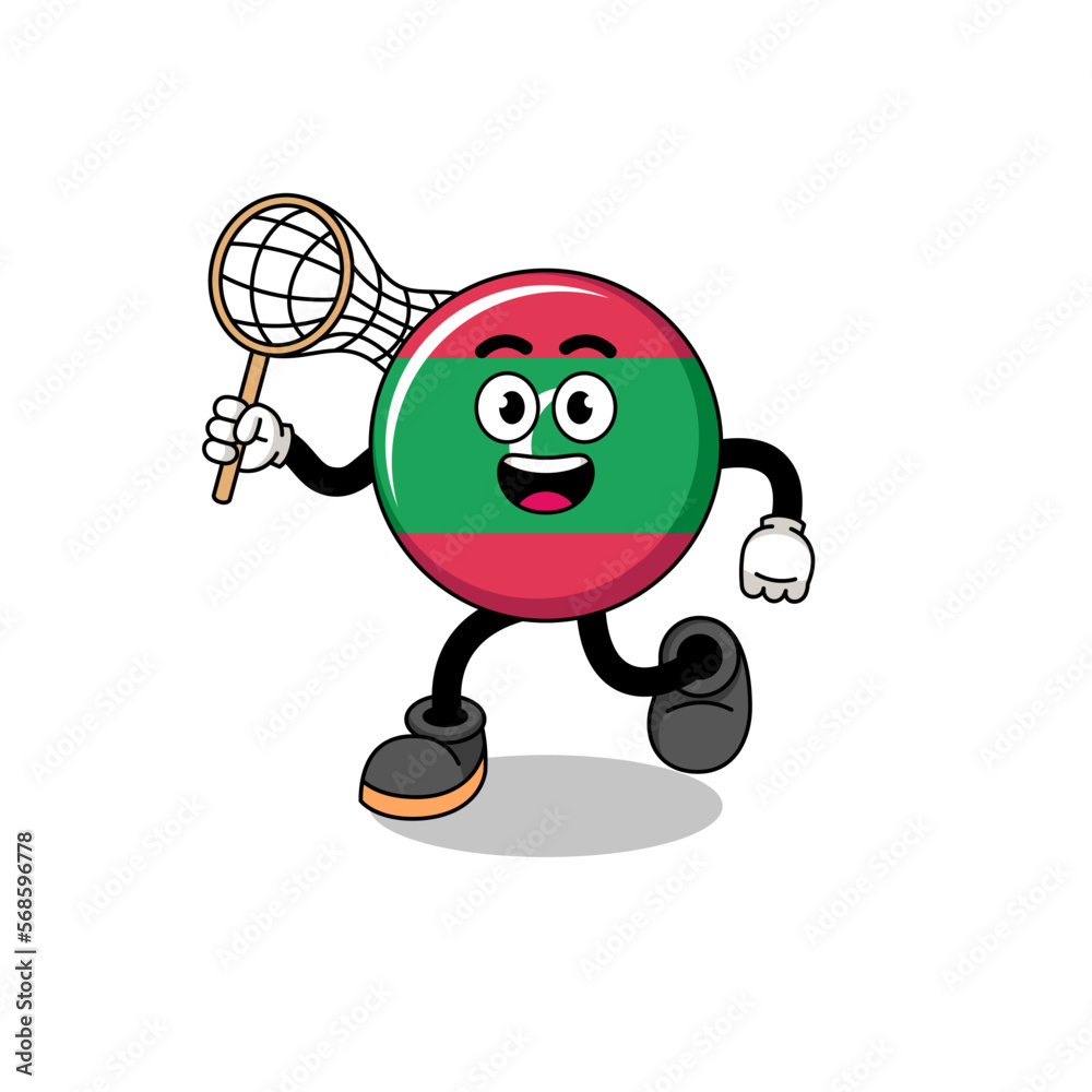 Obraz premium Cartoon of maldives flag catching a butterfly