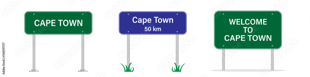 Cape Town road sign. Welcome to Cape Town. Cape Town city entering sign. Billboard on the road. Vector image Cape Town road sign. Welcome to Cape Town. Cape Town city entering sign. Billboard on the road. Vector image