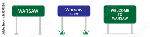Warsaw sign. Welcome to Warsaw, Poland. Warsaw city entering sign. Billboard. Vector image